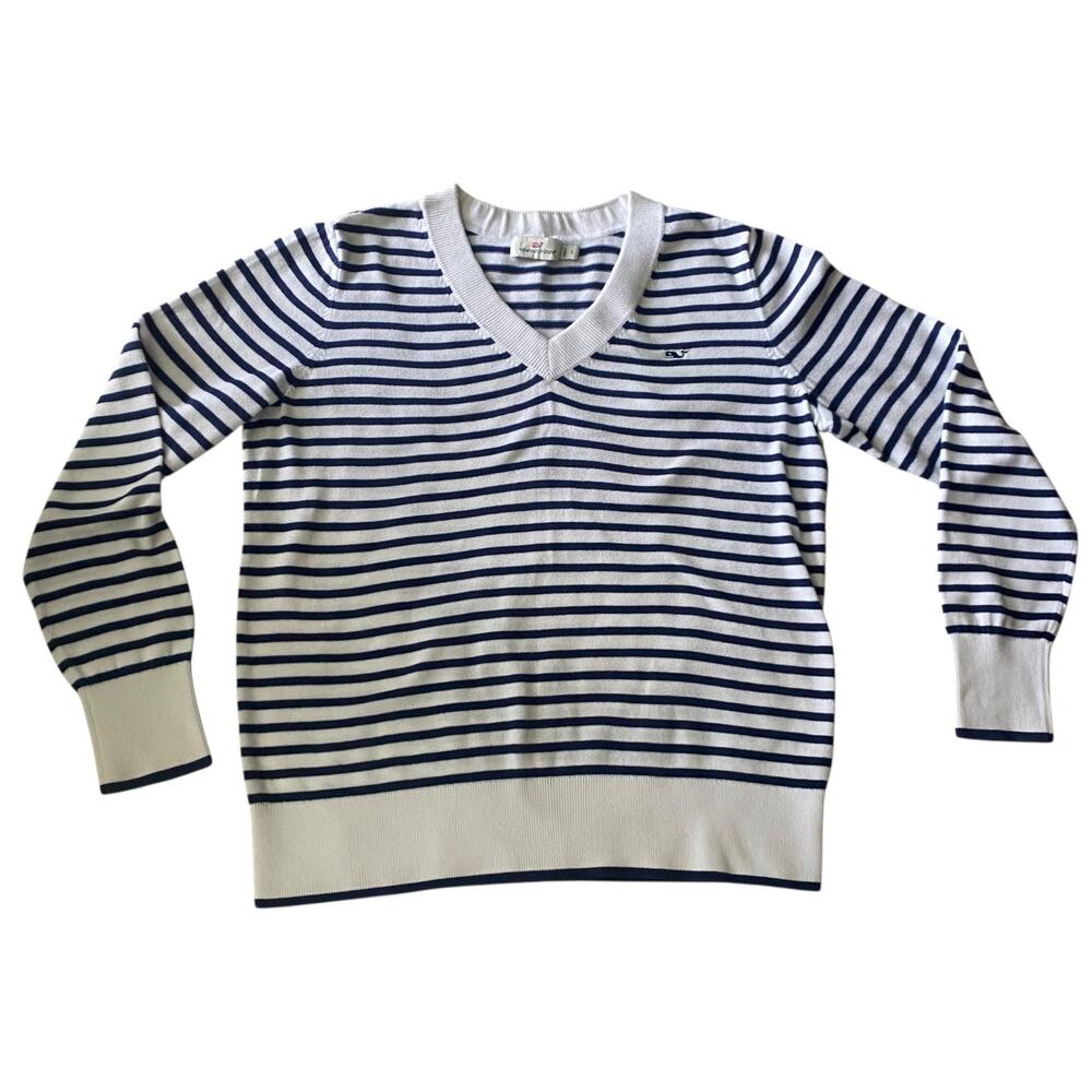 Vineyard Vines V-Neck Sz Small Blue & White Striped Sweater 100% Cotton Nautical